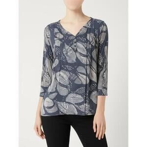 FRED DAVID Womens Blouse Dark Blue Grey Abstract Pattern V Neck Pleated
